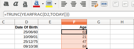 Age calculation in Spreadsheet